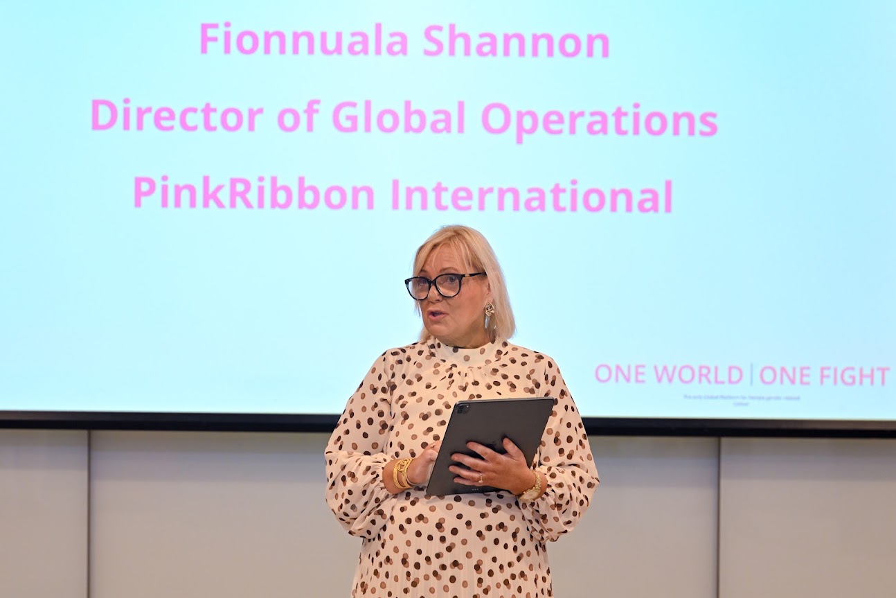 Fionnuala Shannon, Director of Global Operations, PinkRibbon International, speaking at the UAE event at Four Seasons Hotel Abu Dhabi